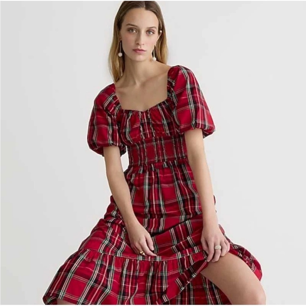 J. Crew Smocked-Waist Puff Sleeve Cotton Poplin Midi Dress Sz S